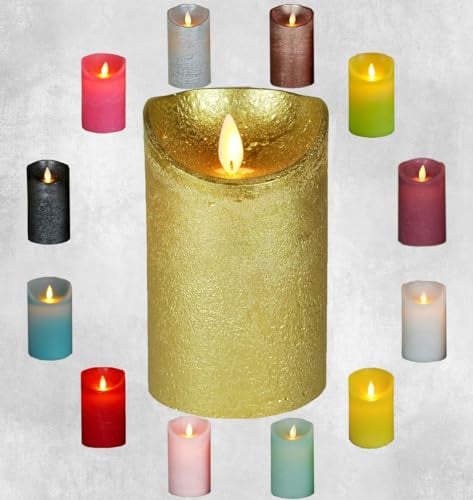 LED Echtwachskerze - Gold Rustik - D7,5cm / H12,50cm - mit Wackelflamme - Batteriebetrieben - Timerfunktion - Weihnachtsdeko
