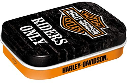 Nostalgic-Art Retro Pillendose, 4 x 6 x 1,6 cm, Harley-Davidson – Riders Only – Geschenk-Idee für Biker, Original Lizenzprodukt (OLP), mit Pfefferminz-Dragees, Vintage Design