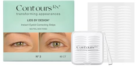 Contours Rx Lids by Design Eyelid Lift Strips with Travel Case and Tweezers - Invisible Eyelid Tape for Hooded Eyes - a Youthful-Looking Appearance - 80 CT (3mm)