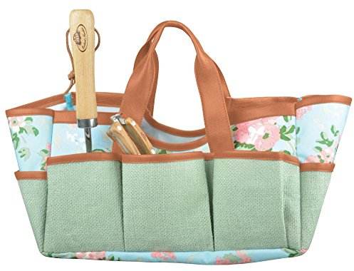 Esschert Design Jute Gartengerätetasche mit Rosendruck, 29 x 24 x 25 cm, mit zahlreichen Taschen, faltbar, mit Tragegurt