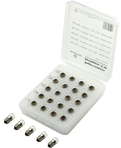 QUADRIOS GmbH Kugellampen Sortiment Set E10 klar (1,5/2,5/4,5/4,8/12 V) und Dokumentation 20 Teile (Ersatzteile für herkömmliche Beleuchtungen, Fahrrad, Gartenleuchte, Taschenlampe, Modell...)