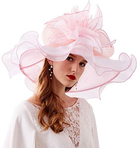 VPbao Organza Chapeau de Soleil Large Bord Plage Cérémonie Capeline Femme Rose