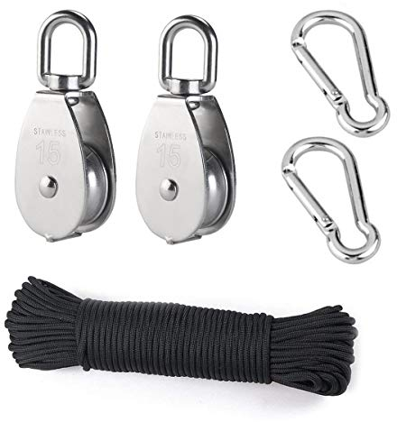 TooTaci 15mm Small Crane Pulley Block Set, Include 2pcs Stainless Steel M15 Single Pulley Wheel Lifting Swivel Pulley Wheel,20M/4mm Nylon Pulley Line Rope,2pcs Carabiner Hook,Use for Pulling & Lifting