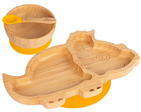 Tiny Dining Baby Dinner Set - Dinosaur - Yellow - 3pc - Divided Non-Slip Bamboo Self-Feeding Weaning Plate, Bowl & Spoon for Babies, Toddlers, Children