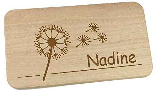 Personalisiertes Frühstücksbrettchen aus Holz mit Motiv und Name graviert Motiv Pusteblume