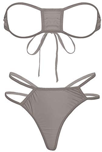 YOOJIA Maillot de Bain Bikini Set Deux Pièces Bandeau Taille Haute sans Bretelles Femme Mini Micro Bikini Ouvert Soutien Gorge Redresse Sein Erotique Lingerie de Nuit Light Brown OneSize