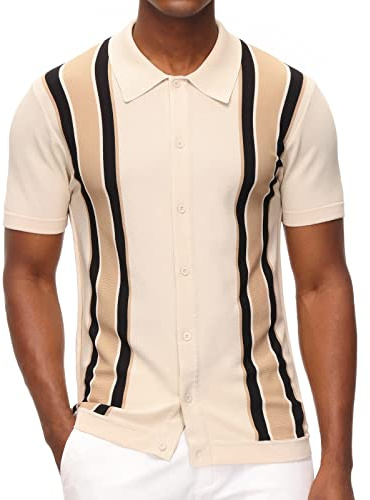 PJ PAUL JONES Gestreifter Vintage-Cardigan für Herren, Kurze Ärmel, Strickhemden - Beige - Mittel