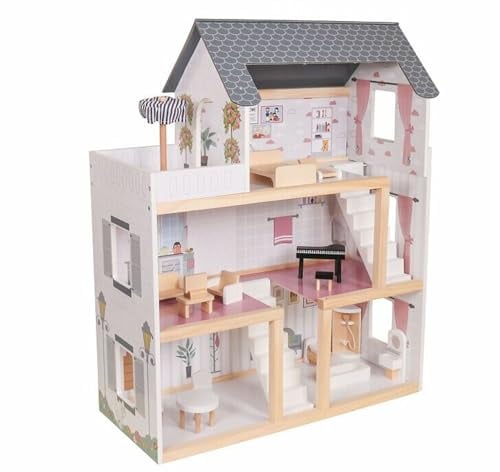 Maison de poupée Lara Maison miniature en bois Villa entièrement meublée 3 étages avec meubles 4 chambres, balcon