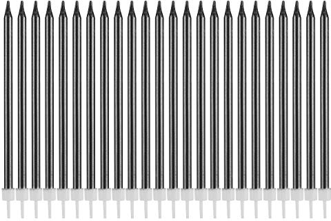 Metallische Happy Birthday-Kerzen, hohe Geburtstagskuchenhalter, lang, dünn, Cupcake-Kerzen, Topper für Hochzeit, Party, Dekoration (24 Stück, Metallic-Schwarz)