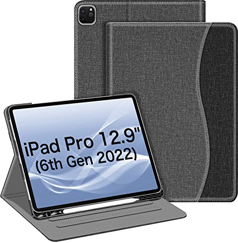 Fintie Hülle für iPad Pro 12.9 Zoll 2022 (6. Generation) / iPad Pro 12.9 2021/2020/2018 mit Stifthalter, Multi-Winkel Betrachtung Folio Stand Schutzhülle mit Dokumentschlitze, Grau