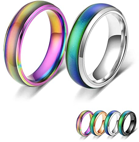 Bymivofun 2 pezzi Anelli Dell'umore, Anello Dell'emozione Della Temperatura, per Fidanzato Fidanzata Festa Compleanno San Valentino Anniversario (Argento, Arcobaleno, 55.5 (17.8))