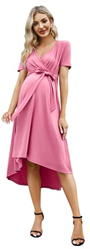 KOJOOIN Robe de maternité pour Femme Robe d'allaitement Festive Col en V Robe de maternité à Manches Courtes avec Ceinture d'été,Rose (Manches Courtes),S