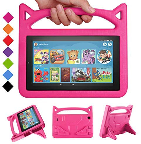 DJ&RPPQ Kids Shock Proof Protective Cover Case for Amazon Fire 7 Tablets (2017/2019) - Rose