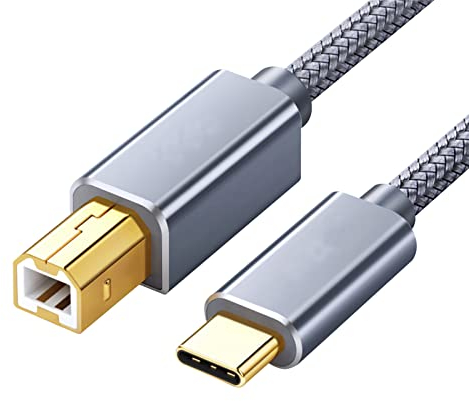 Mengtech Cable de impresora USB, cable USB B a USB C, 2 m, nailon USB, cable de impresora 2.0 tipo A macho a B macho compatible con HP, Canon, Dell, Epson, Xerox, Samsung y más (gris)