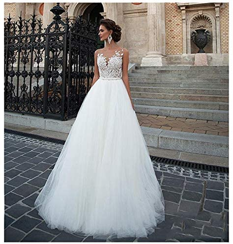VSDEXR Ärmelloses Brautkleid Strand Brautkleid Tüll Spitze Applikationen Brautkleider Weiß/Elfenbein Romantische Knöpfe (Weiß 12)