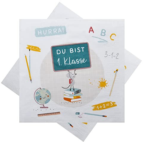 ZauberDeko Servietten Schulanfang 1. Klasse Maus Einschulung Tischdeko 33 x 33 cm 20er Pack, Blau/Weiß/Bunt.