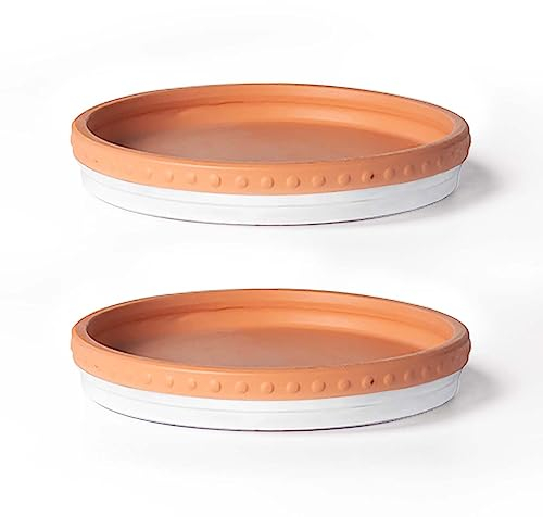 YBX 20,3 cm Pflanzuntersetzer Premium Terrakotta-Untersetzer, runde Keramik-Pflanzschalen, 2 Stück (Weiß/Terrakotta)