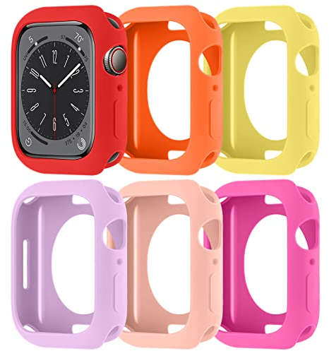 6 Stück Schutzhüllen für Apple Watch Series 9/Series 8/Series 7 45mm Hülle,Matt Flexible TPU Silikon Cover Stoßfest Schutz Bumper Case für Series 9/8/7 45mm,Rot/Orange/Gelb/Lila/Rosa Sand/Barbie Pink