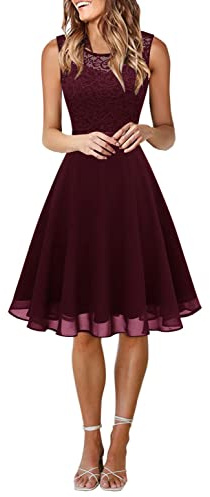 Onsoyours Robes d'invités de Mariage pour Femmes Robes de Demoiselle d'honneur en Mousseline de Soie Florales Robes de soirée balançoire Robes asymétriques A1 Vin Rouge M