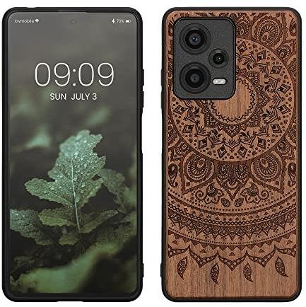 kwmobile Hülle kompatibel mit Xiaomi Redmi Note 12 Pro+ 5G / Note 12 Pro Plus 5G Hülle - Holz Case - Handy Cover - TPU Handyhülle in Dunkelbraun Indische Sonne