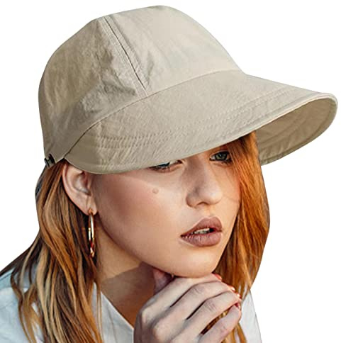 Voiakiu Femme Capeline de Plage Pliable Chapeau de à Large Bord UPF 50+ Chapeau Protection Visor Anti-UV Bob Coton Été Visière Casquette Respirant avec Corde de Coupe-Vent