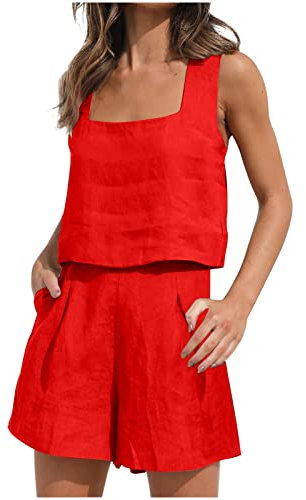 Damen Tank Top Und Shorts Set 2 StüCk Outfits Solide Farbe Sommer Weste Shorts Anzug Zwei Taschen Stilvolle Entspannt Fit äRmellose Cami T-shirt Shorts Set 2 PC Lounge Set LäSsig Workout Sets S-XXL