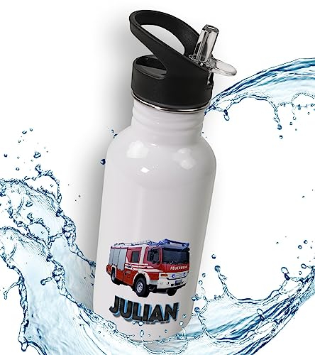 timalo® Trinkflasche Feuerwehrauto für Kinder personalisiert mit Namen | auslaufsichere Edelstahl Sportflasche Kindergarten Geschenk für Jungen und Mädchen 600mL | Feuerwehr 2