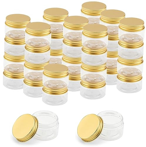 LEXININ 36 Pack 30ml/1oz Small Clear Plastic Jars with Gold Lids, Mini Empty Plastic Storage Jars for Cream Glitter Beads
