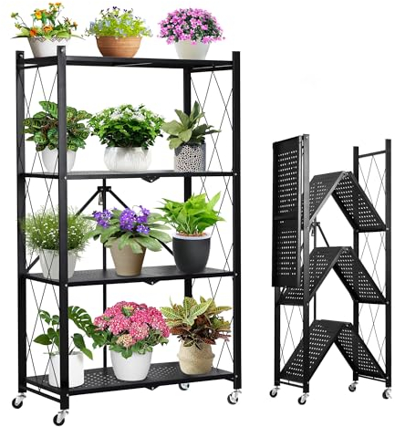 REAWOW Plant Shelf Flower Shelf Folding Shelf Metal Plant Stairs Flower Stairs without Installation Flower Stand 4 Tier Plant Stand for Balcony Outdoor Garden Indoor