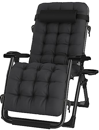 NJUN Chaise Longue Pliante avec Fonction allongée pour Le déjeuner, Chaise de Jardin avec Repose-tête et Dossier réglables, Chaise Longue de Jardin avec Coussin (Noir)