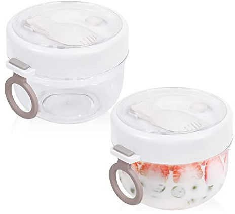 Herklotzn Overnight Oat Container mit Deckel und Löffel 2 Stück, 20Oz Tragbare Kunststoff Joghurt Töpfe, Auslaufsichere Dessertbecher Weiß