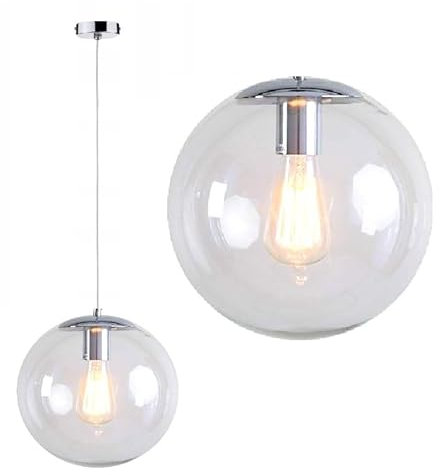 P23 D=30 cm Pendellampe Hängelampe Art-Deco Kugel Rund Transparent Design Lampe Hängeleuchte Chrom