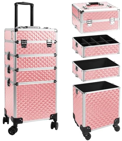EBANKU Makeup Train Cases 4 in 1, Portable Professional Cosmetic Travel Case Nail Polish Hair Products Rolling Makeup Travel Organizer, with 360° Swivel Wheels,Pink