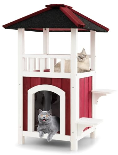 GOPLUS Niche pour Chat Exterieur en Bois à 2 Étages, Toit en Asphalte, Balcon, Rideau de Pluie, Plates-Formes de Saut, Niche Chat Sol Amovible, Résistant aux Intempéries, pour Chats Différents Taille
