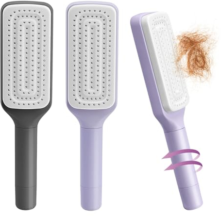 2 Stück Selbstreinigende Haarbürste, Ein-Klick-Reinigungskamm, Haarbürsten für Frauen, Luftmassagekämme, drehbarer Teleskopkamm, leicht kämmen und reinigen(Lila + Grau)
