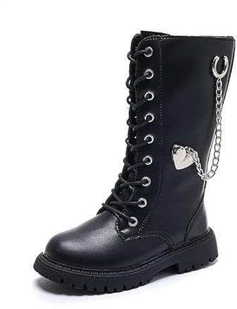 FM2018XSL Stivali Alti Per Bambini in Stile Inglese, Stivali Lunghi da Principessa Della Catena Dell'amore,Noir,29
