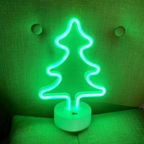 HFHungkeong Neon Weihnachtsbaum LED Neon Nachtschild Kunstlampe mit Sockel für Tisch Wohnzimmer Bar Restaurant Büro Weihnachten Fest Urlaub Geburtstag Party Hochzeit Dekoration USB/batteriebetrieben