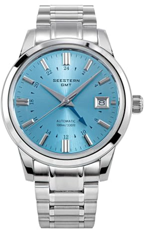 Sugess Seestern GMT, NH34, hellblau, gewölbtes Saphirglas, Ausstellungsgehäuse, Armband und Leder, blau