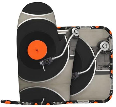 Vintage Vinyl Record Oven Mitts And Pot Holders 2pcs Sets, Heat Resistant,For Barbecue Cooking Microwave,Easy To Clean
