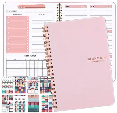 Weekly Planner 52 Blatt Undatierter Wochenplaner A5 Planer Wochenplaner mit To Do Liste Wochenplan Aufgabenliste Terminplaner Spiralblock Notizblöcke Hard Cover Tagesplanung Notizbuch(Rosa)