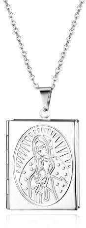 JewelryWe Quadratisch Foto Medaillon Halskette: Silber Edelstahl Jungfrau Maria Quadrat Book Buch Photo Bilder Amulett zum Öffnen Anhänger Kette mit Gravur für Damen Herren