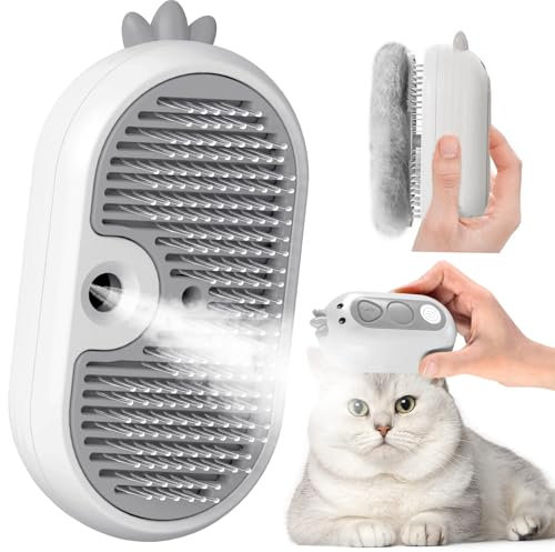 Cepillo Vapor Para Gatos Con Botón de Liberación, Recargable Cepillo Gato Vapor Para Pelo Largo y Corto Gatos Perros Conejos, Autolimpiable Cepillo Para Gatos Para Mascotas con Pelo Suelto (Blanco)