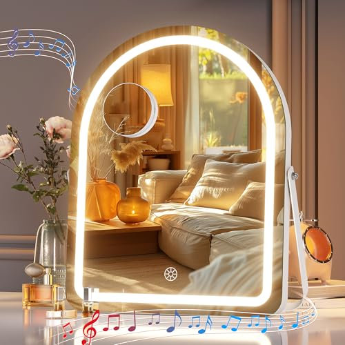 Hasipu Vanity Mirror with Lights and Bluetooth Speaker, 12×14 Arched LED Makeup Mirror, Lighted Makeup Mirror with Lights, Smart Touch Control Dimmable 3 Modes Light 360°Rotation White
