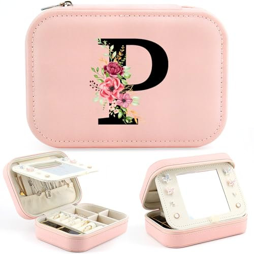 Schmuckkästchen Klein Reise für Damen Mädchen, Schmuckkasten mit Namen Initiale P, Schmuckkästchen mit Spiegel für Ringe, Ohrringe, Halskette, Geschenke für Damen Weihnachten Geburtstage Muttertag