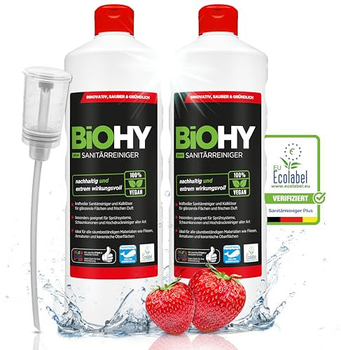BiOHY Sanitärreiniger Plus (2 x 1 liter) + Dosierer | Kalkentferner Konzentrat für Fliesen, Dusche & WC | EXTRA STARKER Badreiniger gegen Urin, Seifenreste & Schmutz | umweltfreundlich mit EU Ecolabel