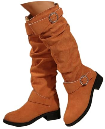 shownicer Botte Hautes Femme Daim Bottes Elegant Bout Rond Bottines Automne et Hiver Talon Bas Boots Confortable Chaussures C Orange 37