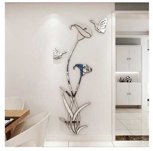 JMORCO Stick On Mirrors For Walls 3D Mirror Flower Wall Sticker Large DIY Butterfly Lily Flower Wall Decal Murals for Living Room Bedroom TV Background Home Decor(Silver Right,XL 150x79cm)