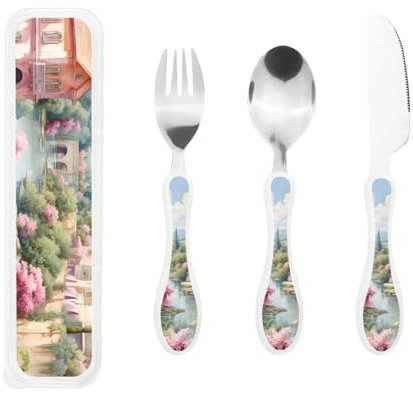Big Kids Cutlery Set Spoon Knife and Fork Sets Children Cutlery Sets Food-Safe Stainless Steel (Classical Architecture)