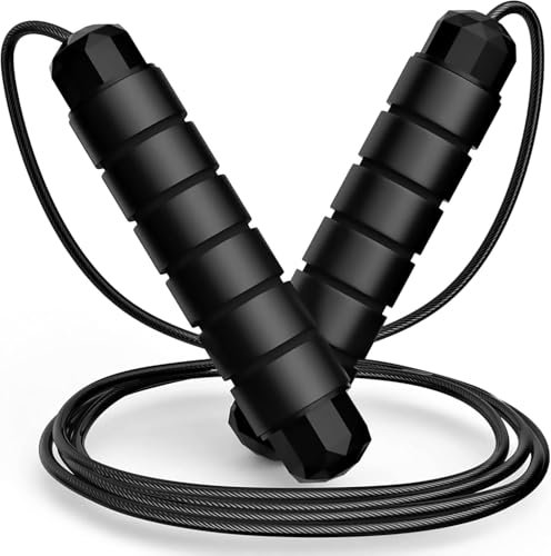 Comba Cross-fit con Cuerda Ajustable y Rodamientos Negro | Comba 2.8M longitud para Adultos con Mango de Espuma Antideslizante | Cuerda Saltar de Acero con PVC