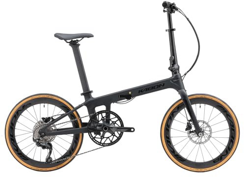 KABON Voll Carbon Faltrad, Leichtes 20 Zoll Carbonfaser Rahmen Klapprad mit 11 Gang Hydraulische Scheibenbremse Fahrrad mit Carbon Laufradsatz für Unisex-Erwachsene (Schwarz mit Gelben Felgen)